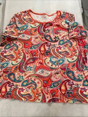 Kim Rogers Curvy Multicolor Paisley Scoop Neck Tee with Coral Trim